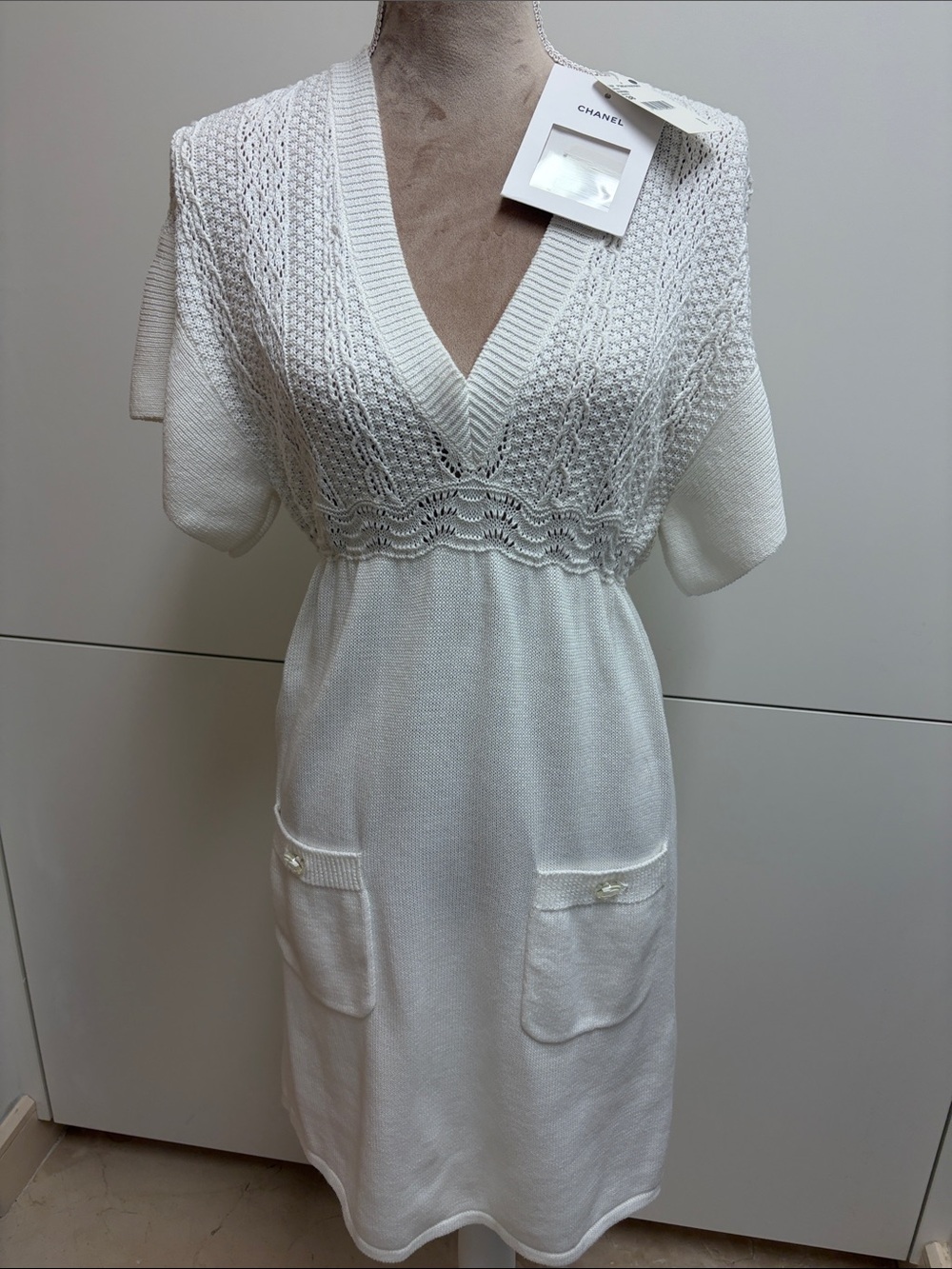 CHANEL Cream Knit V-Neck Short Sleeve Dress with Patch Pockets